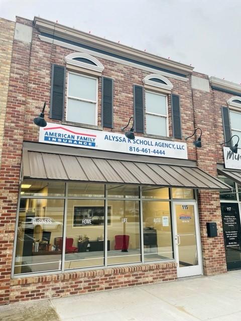 a store front with a sign